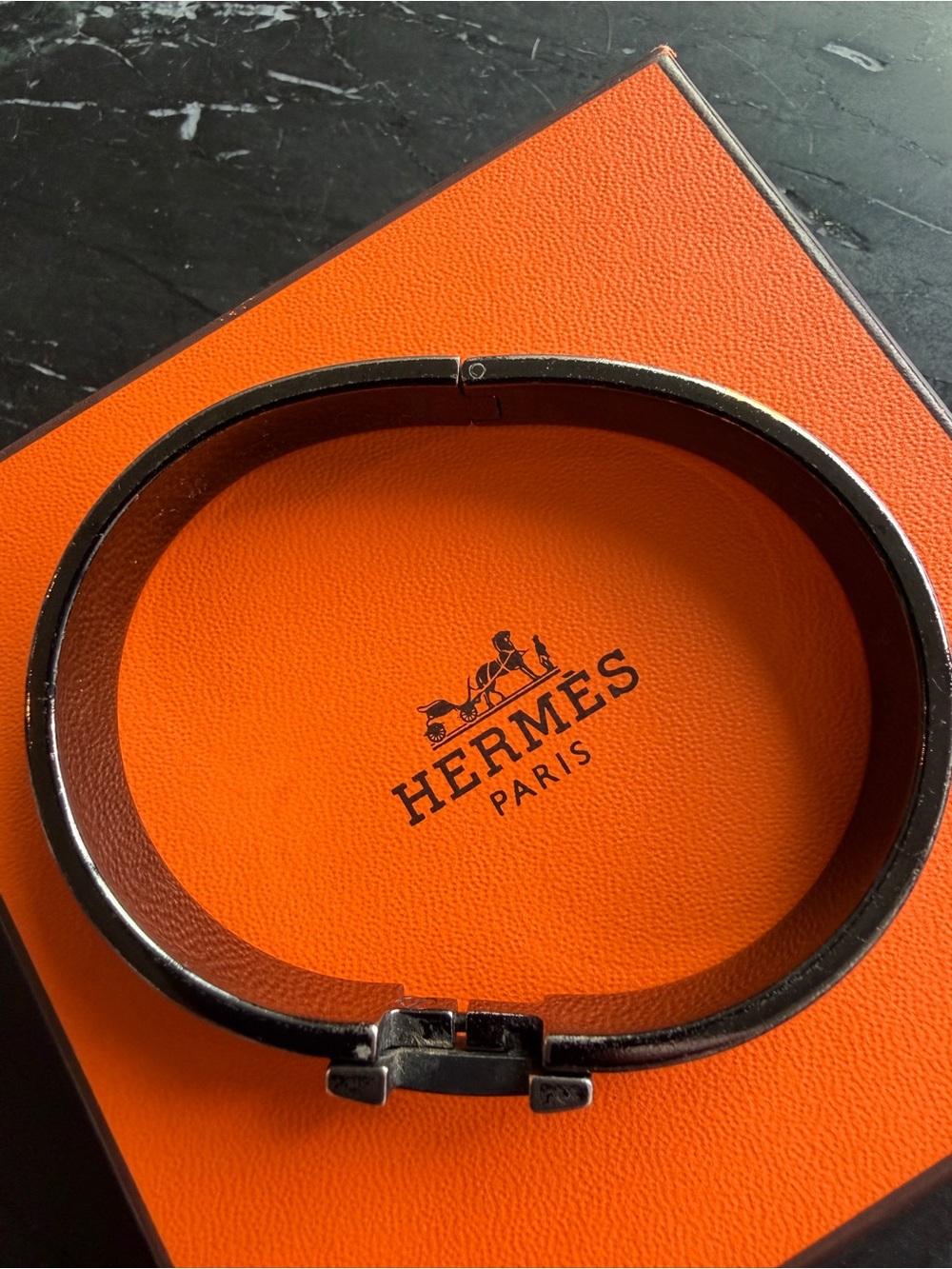 Hermes Black Leather H-Style Bracelet with Metal Clasp